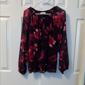 NWOT Calvin Klein Printed Long Sleeve Red‎ Chiffon Floral Blouse Size L